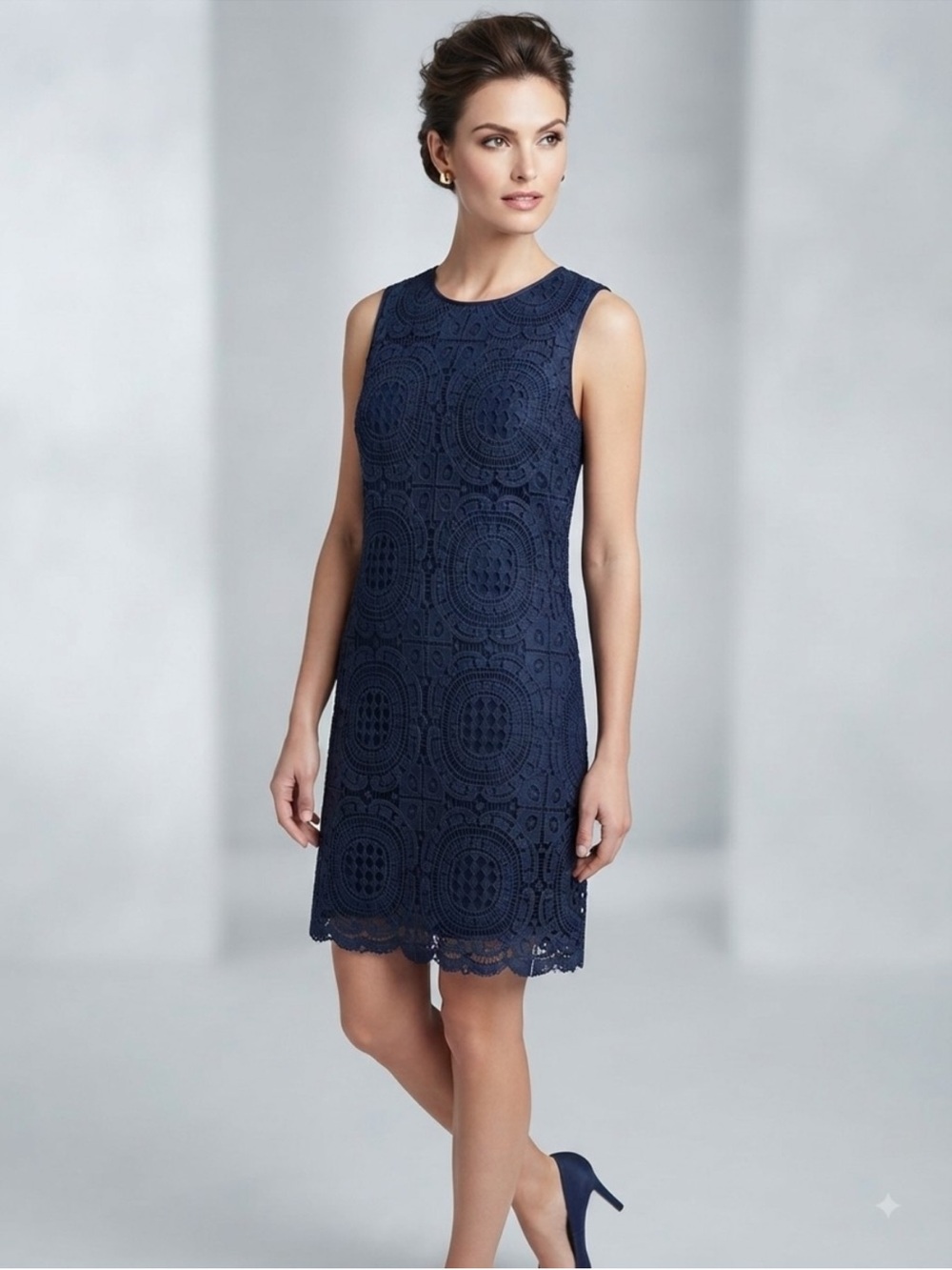 Katherine Barclay Navy Lace Overlay Sleeveless Sheath Dress Sz 10 Party Classic